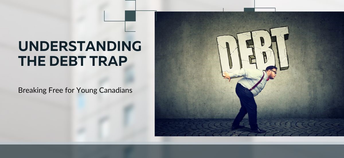 Young man struggling under the weight of a large "DEBT" sign.